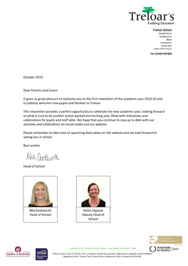 October 2019 Dear Parents and Carers It Gives Us Great Pleasure to Welcome You to the First Newsletter of the Academic Year
