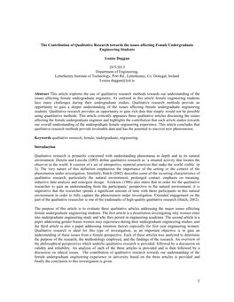 The Contribution of Qualitative Research Towards the Issues Affecting Female Undergraduate Engineering Students