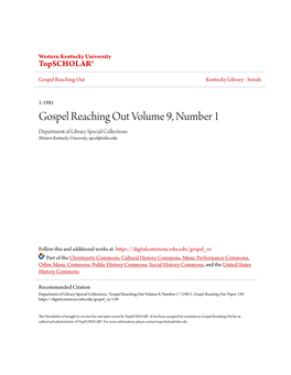 Gospel Reaching out Volume 9, Number 1 Department of Library Special Collections Western Kentucky University, Spcol@Wku.Edu