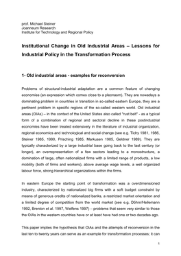 Institutional Change in Old Industrial Areas – Lessons for Industrial Policy in the Transformation Process