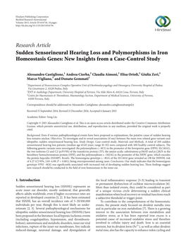 Sudden Sensorineural Hearing Loss and Polymorphisms in Iron Homeostasis Genes: New Insights from a Case-Control Study