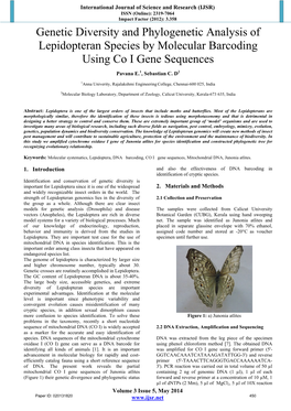 Genetic Diversity and Phylogenetic Analysis of Lepidopteran Species by Molecular Barcoding Using Co I Gene Sequences Pavana E.1, Sebastian C