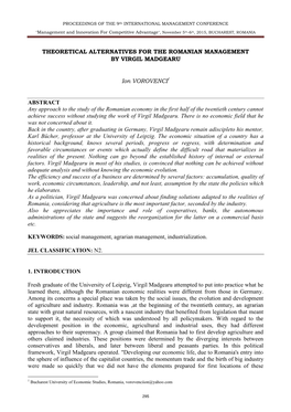 THEORETICAL ALTERNATIVES for the ROMANIAN MANAGEMENT by VIRGIL MADGEARU Ion VOROVENCI1 ABSTRACT Any Approach to the Study Of