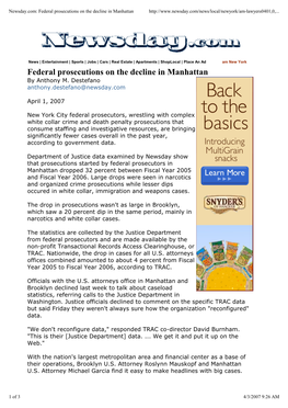 Federal Prosecutions on the Decline in Manhattan