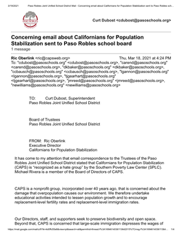Ric Oberlink Re Californians for Population Stabilization