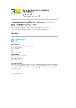 Les Écrivains Russes Blancs En France. Un Entre- Deux Identitaire (1919-1939) White Russian Writers in France
