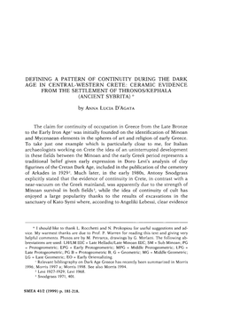 Defining a Pattern of Continuity During the Dark Age in Central-Western Crete: Ceramic Evidence from the Settlement of Thronos/Kephala (Ancient Sybrita)-I