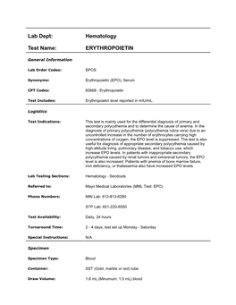 Lab Dept: Hematology Test Name: ERYTHROPOIETIN