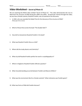 Video Worksheet - Secret of Photo 51