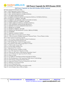 GK Power Capsule for KVS Exams 2018 GK Power Capsule for the KVS Exams 2018| Content GK Power Capsule for KVS Exams 2018