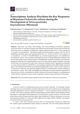 Transcriptome Analysis Elucidates the Key Responses of Bryozoan Fredericella Sultana During the Development of Tetracapsuloides Bryosalmonae (Myxozoa)