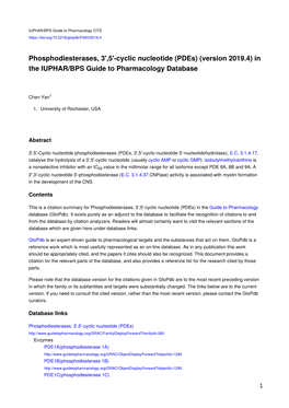 Phosphodiesterases, 3',5'-Cyclic Nucleotide (Pdes) (Version 2019.4) in the IUPHAR/BPS Guide to Pharmacology Database