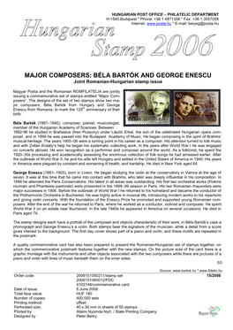 MAJOR COMPOSERS: BÉLA BARTÓK and GEORGE ENESCU Joint Romanian-Hungarian Stamp Issue