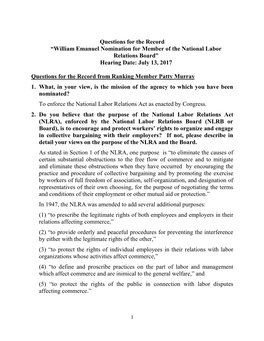 William Emanuel Nomination for Member of the National Labor Relations Board” Hearing Date: July 13, 2017