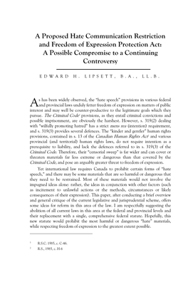 A Proposed Hate Communication Restriction and Freedom of Expression Protection Act: a Possible Compromise to a Continuing Controversy