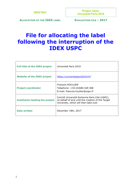 File for Allocating the Label Following the Interruption of the IDEX USPC