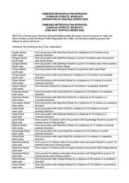 Tameside Metropolitan Borough (Various Streets, Mossley) (Prohiition of Waiting) Order 2020