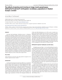 The Effects of Grazing and Mowing on Large Marsh Grasshopper, Stethophyma Grossum (Orthoptera: Acrididae), Populations in Western Europe: a Review