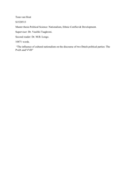 Teun Van Hout S1528513 Master Thesis Political Science: Nationalism, Ethnic Conflict & Development. Supervisor: Dr. Vasiliki