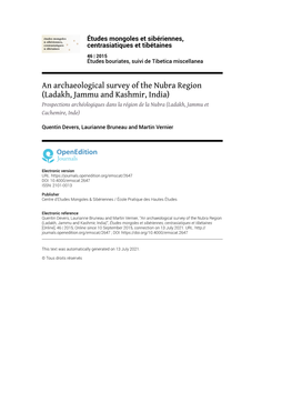 Études Mongoles Et Sibériennes, Centrasiatiques Et Tibétaines, 46 | 2015 an Archaeological Survey of the Nubra Region (Ladakh, Jammu and Kashmir, India) 2