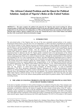 The African Colonial Problem and the Quest for Political Solution: Analysis of Nigeria’S Roles at the United Nations