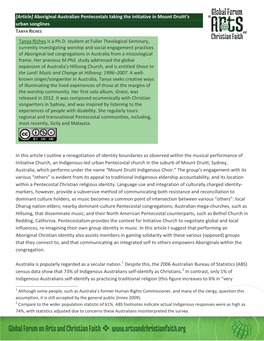 [Article] Aboriginal Australian Pentecostals Taking the Initiative in Mount Druitt’S Urban Songlines TANYA RICHES Tanya Riches Is a Ph.D