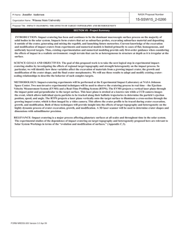 IMPACT CRATERING: the EFFECTS of TARGET TOPOGRAPHY and HETEROGENEITY Submitted to NASA Research Announcement NNH15ZDA001N-SSW, Solar System Workings