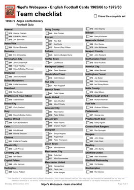 Team Checklist I Have the Complete Set 1969/70 Anglo Confectionery Football Quiz