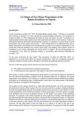 A Critique of Two Major Programmes of the Buhari Presidency in Nigeria