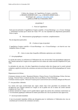 Cahier Des Charges De L'appellation D'origine Contrôlée « CROZES