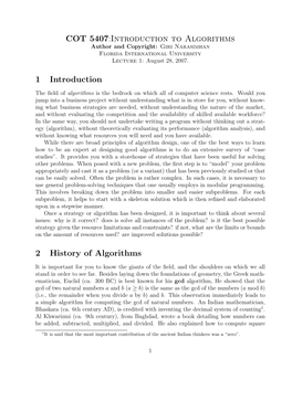 COT 5407:Introduction to Algorithms Author and Copyright: Giri Narasimhan Florida International University Lecture 1: August 28, 2007