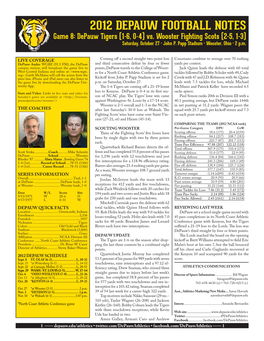 2012 DEPAUW FOOTBALL NOTES Game 8: Depauw Tigers (1-6, 0-4) Vs