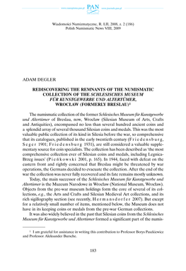 Rediscovering the Remnants of the Numismatic Collection of the Schlesisches Museum Für Kunstgewerbe Und Altertümer, Wrocław (Formerly Breslau)1