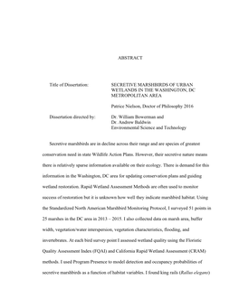 ABSTRACT Title of Dissertation: SECRETIVE MARSHBIRDS of URBAN WETLANDS in the WASHINGTON, DC METROPOLITAN AREA Patrice Nielson