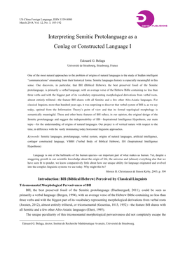 Interpreting Semitic Protolanguage As a Conlag Or Constructed Language I