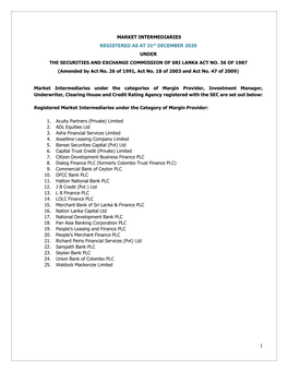 MARKET INTERMEDIARIES REGISTERED AS at 31St DECEMBER 2020 UNDER the SECURITIES and EXCHANGE COMMISSION of SRI LANKA ACT NO