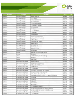 Entidad Municipio Localidad Long