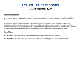 ACT ATHLETICS RECORDS As at 1St September 2020