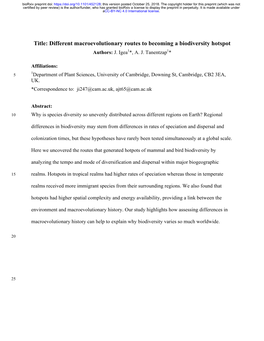 Different Macroevolutionary Routes to Becoming a Biodiversity Hotspot Authors: J