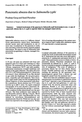 Pancreatic Abscess Due to Salmonella Typhi Pradeep Garg and Sunil Parashar Department Ofsurgery, Medical College & Hospital, Rohtak, Haryana, India