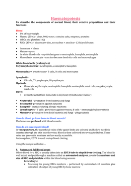 Haematopoiesis to Describe the Components of Normal Blood, Their Relative Proportions and Their Functions