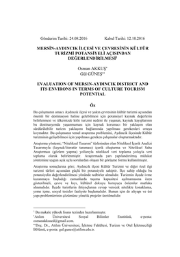 Mersin-Aydincik Ilçesi Ve Çevresinin Kültür Turizmi Potansiyeli Açisindan Değerlendirilmesi1