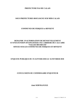 PREFECTURE PAS DE CALAIS SOUS PREFECTURES BOULOGNE SUR MER CALAIS COMMUNES DE FERQUES Et RINXENT DEMANDE D'autorisation DE RENO
