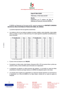 Expte Nº ENA-10/2021 Villaviciosa, a 19 De Marzo De 2021 Asunto, Enajenación De 27 Corderos Del Área De Sistemas De Producción Animal Del SERIDA