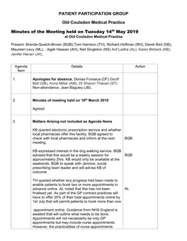 PATIENT PARTICIPATION GROUP Old Coulsdon Medical Practice