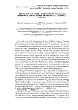 PRIMEROS DATOS SOBRE LOS DINOSAURIOS DE ZARAGOZA (THEROPODA, VALANGINIENSE-HAUTERIVIENSE, CRETÁCICO INFERIOR) Infante, P.1
