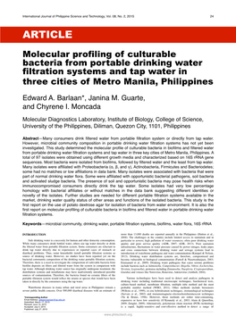 Molecular Profiling of Culturable Bacteria from Portable Drinking Water Filtration Systems and Tap Water in Three Cities of Metro Manila, Philippines