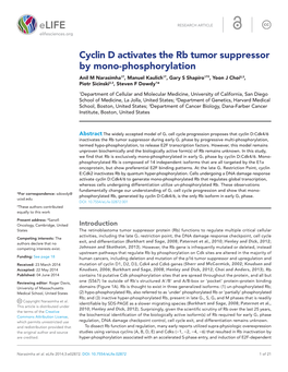 Cyclin D Activates the Rb Tumor Suppressor by Mono-Phosphorylation