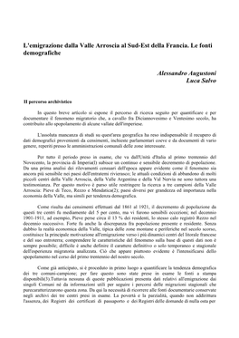 L'emigrazione Dalla Valle Arroscia Al Sud-Est Della Francia. Le Fonti Demografiche