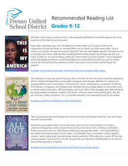 Recommended Reading List Grades 9-12